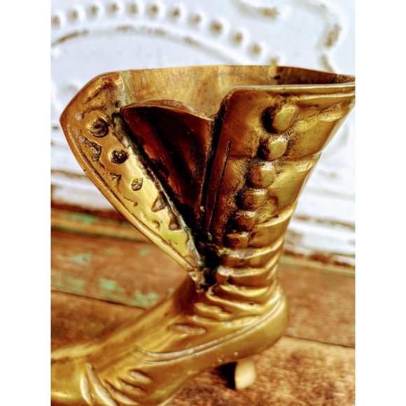 Vintage Brass Victorian Boot Vase Planter - Picture 3 of 13